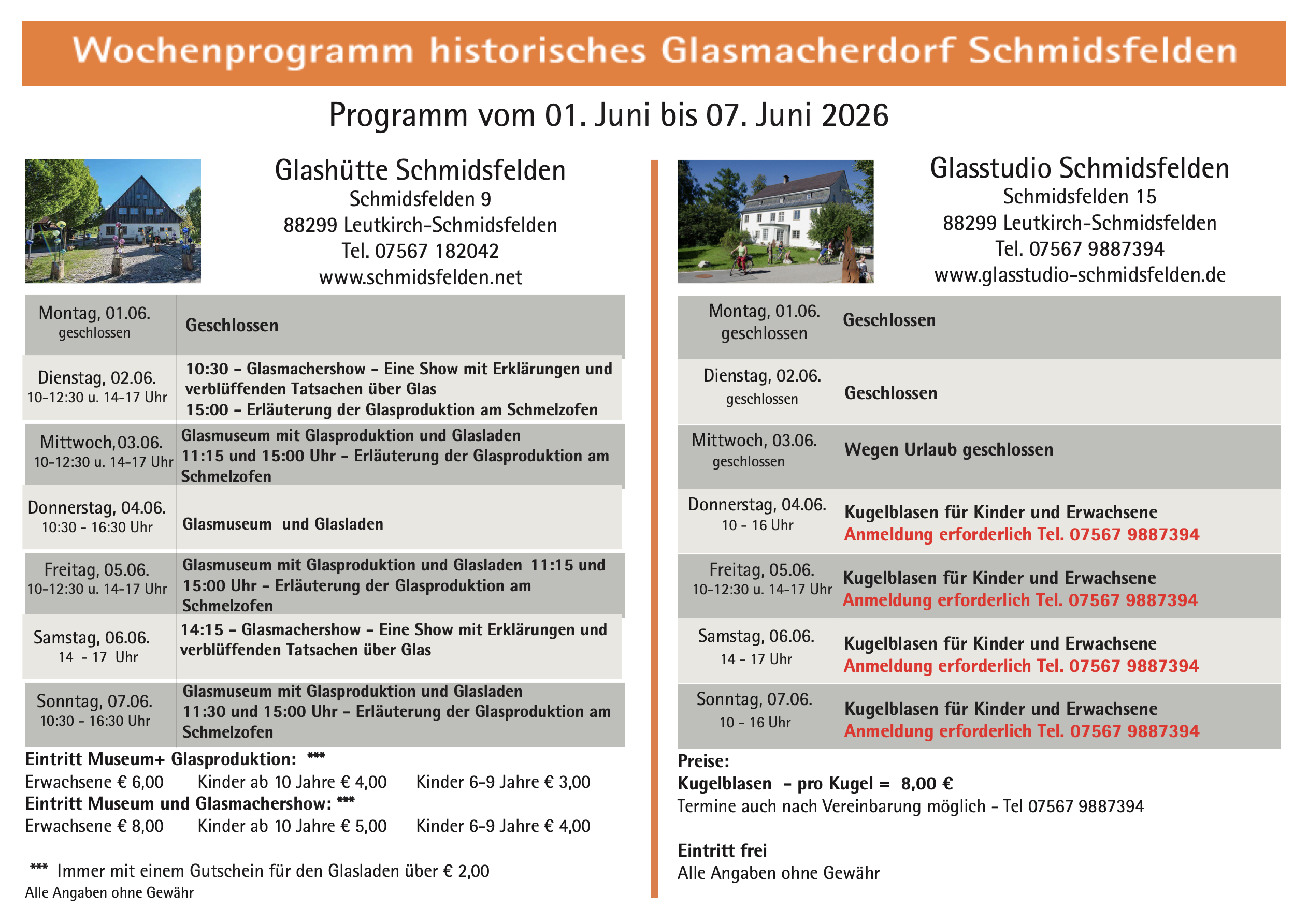 Wochenprogramm Schmidsfelden 01.06. - 07.06.2026