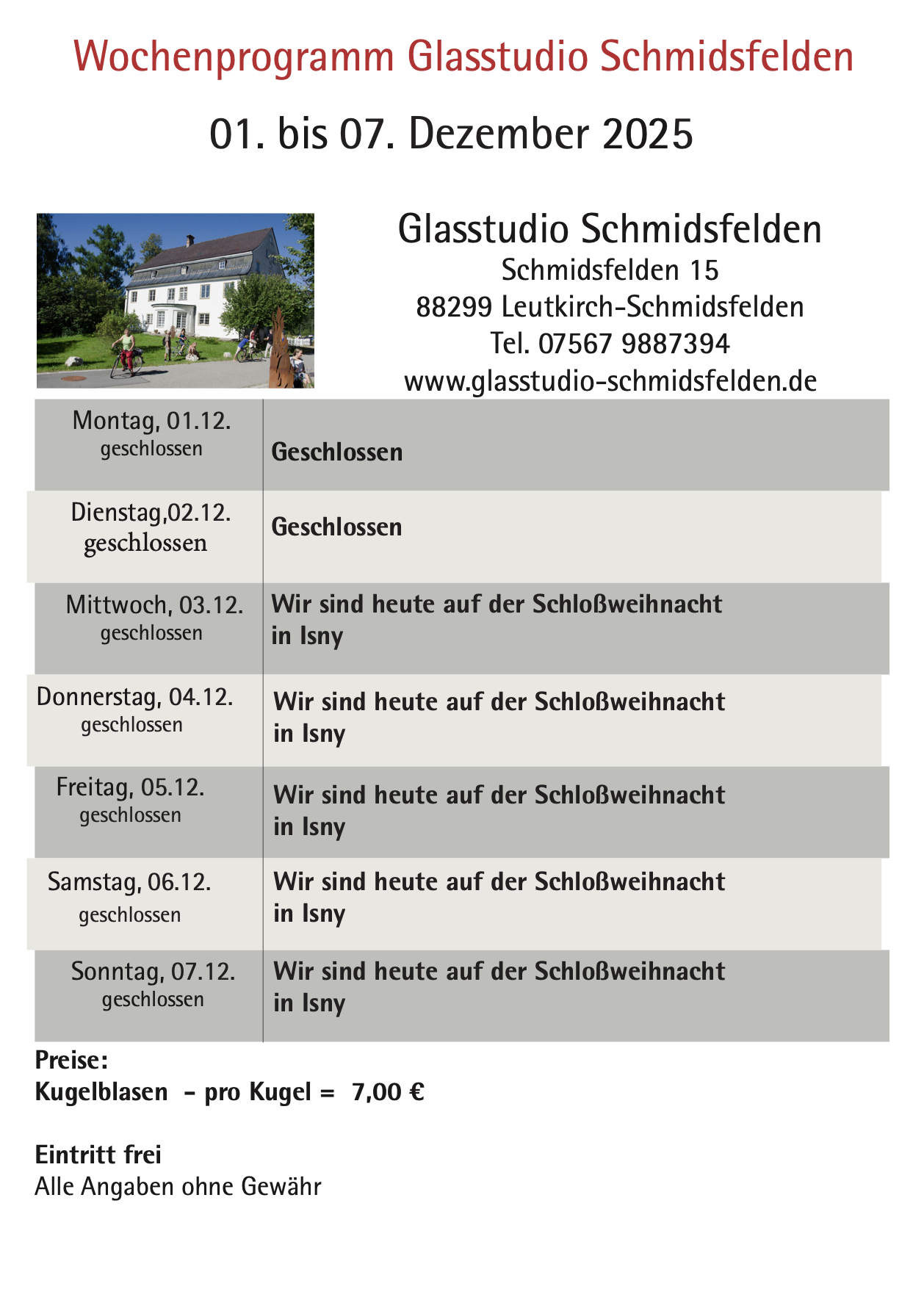 Wochenprogramm Schmidsfelden 01.12. - 07.12.2025