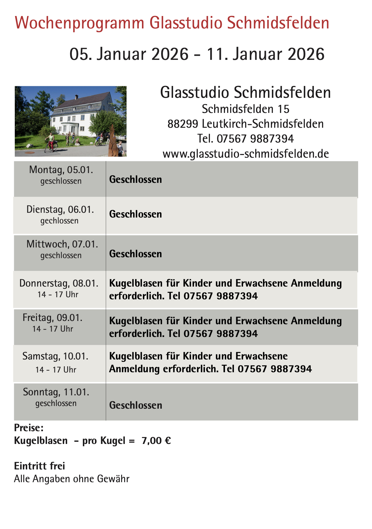 Wochenprogramm Schmidsfelden 05.01. - 11.01.2026