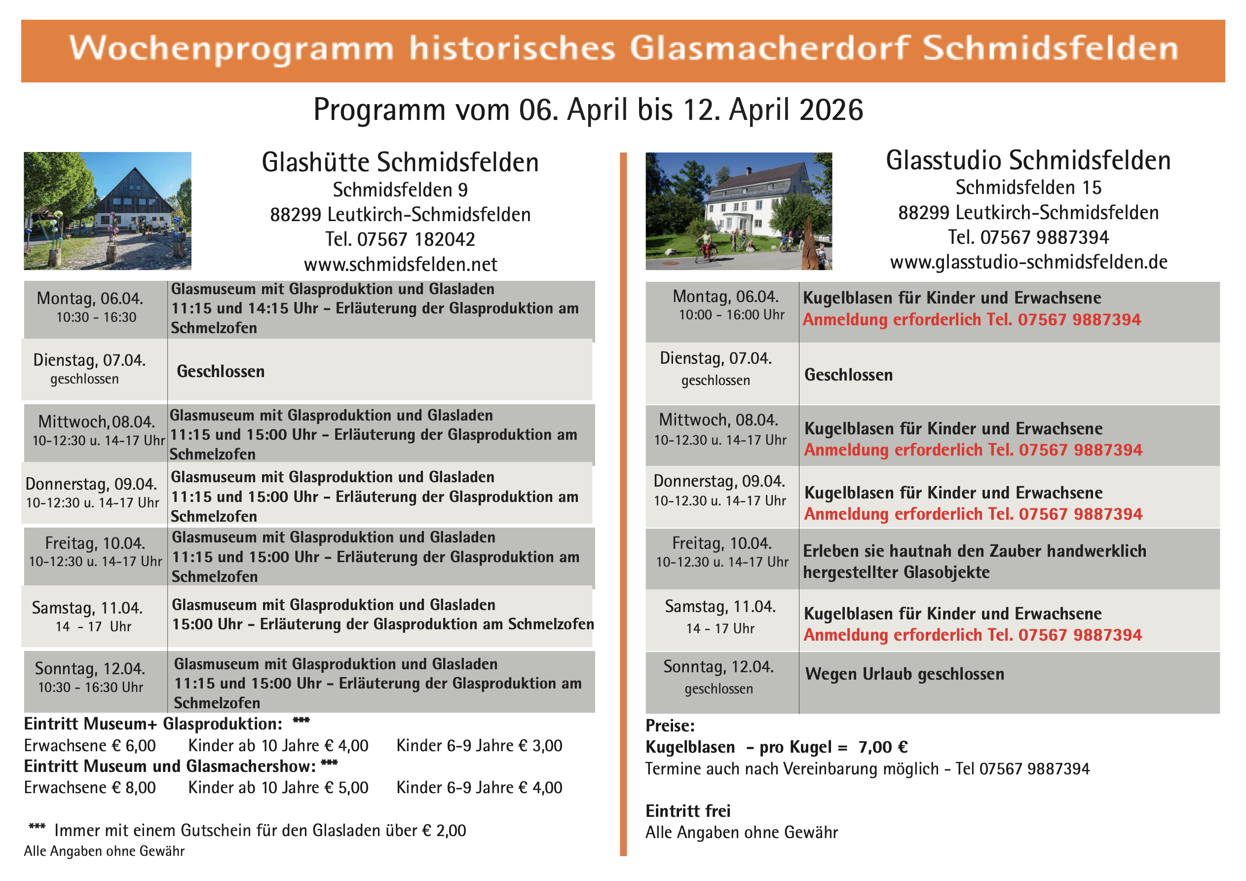 Wochenprogramm Schmidsfelden 06.04. - 12.04.2026