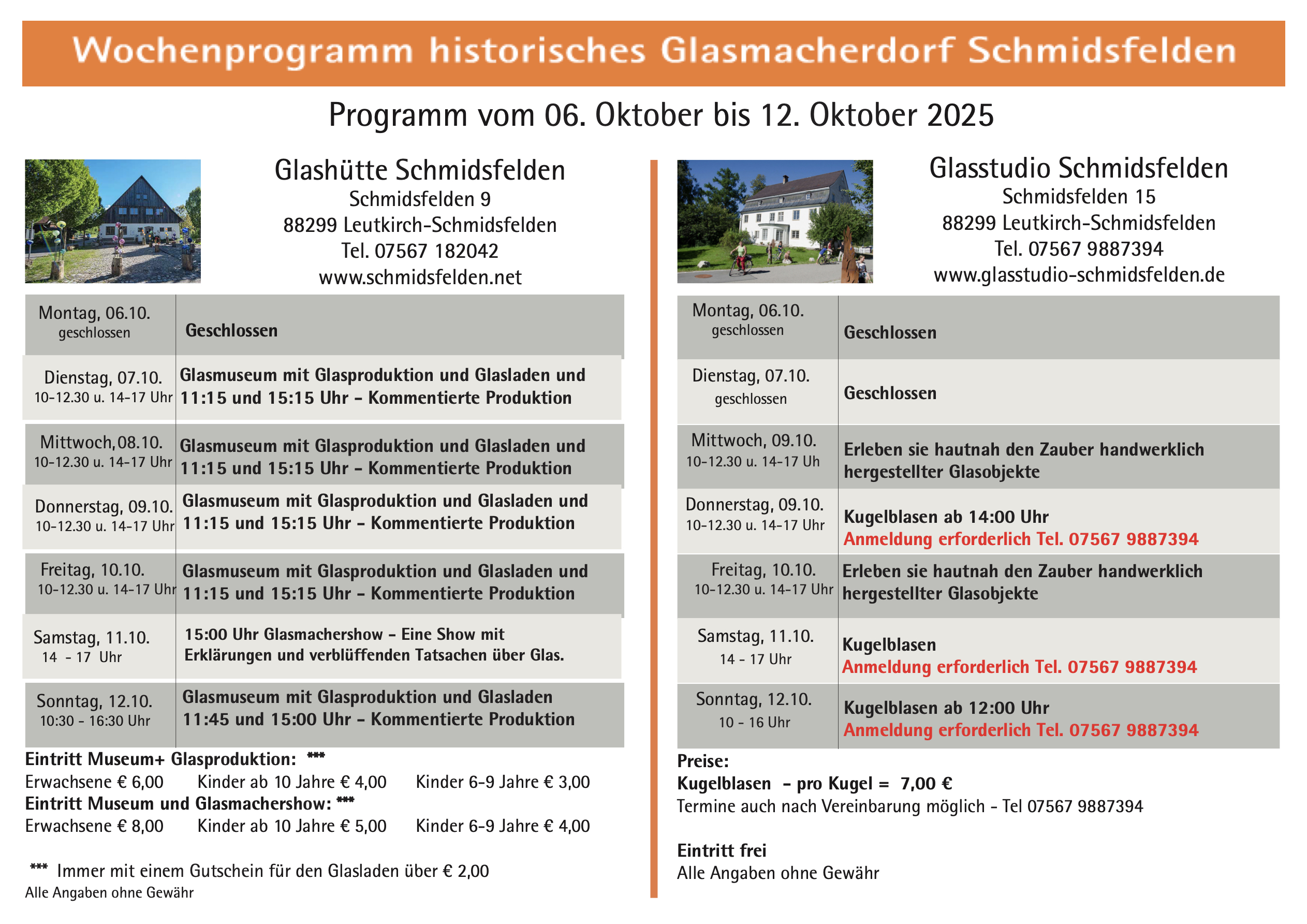 Wochenprogramm Schmidsfelden 06.10. - 12.10.2025