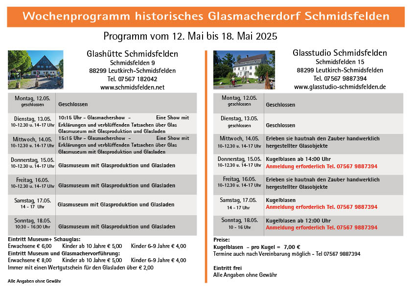 Wochenprogramm Schmidsfelden   12.05. - 18.05.2025