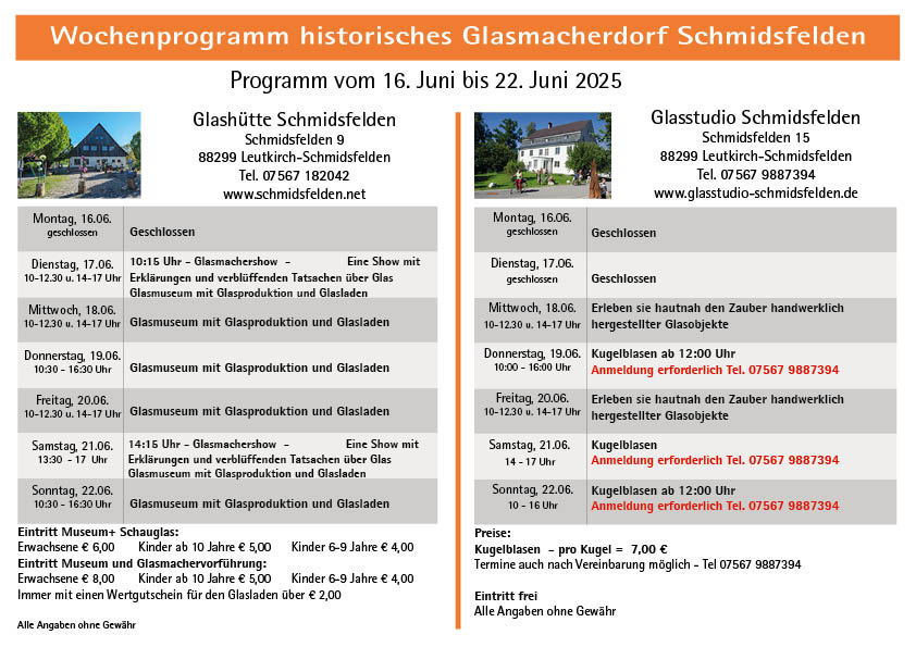 Wochenprogramm Schmidsfelden   16.06. - 22.06.2025