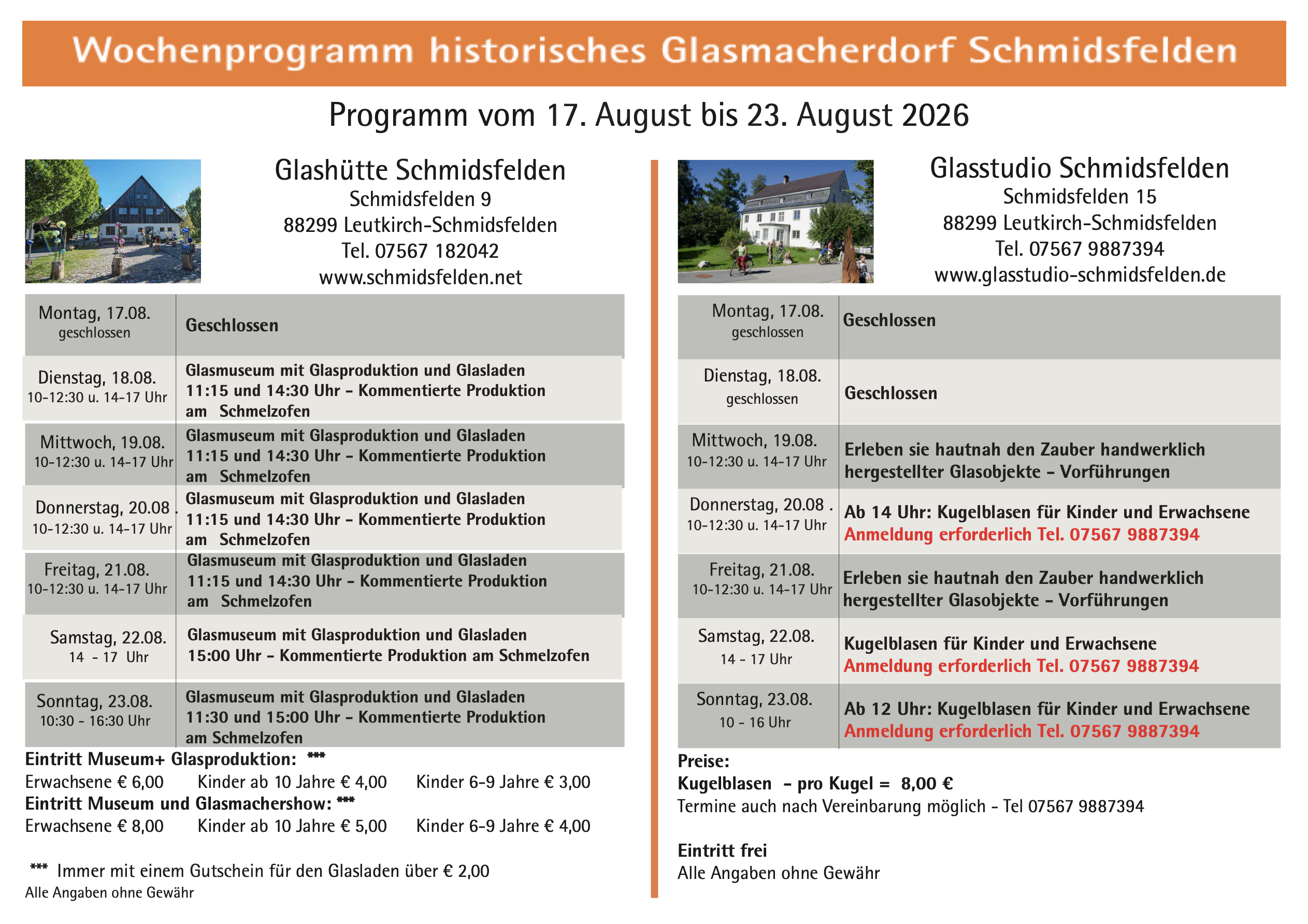 Wochenprogramm Schmidsfelden 17.08. - 23.08.2026