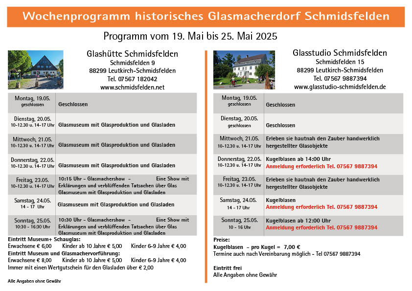 Wochenprogramm Schmidsfelden   19.05. - 25.05.2025