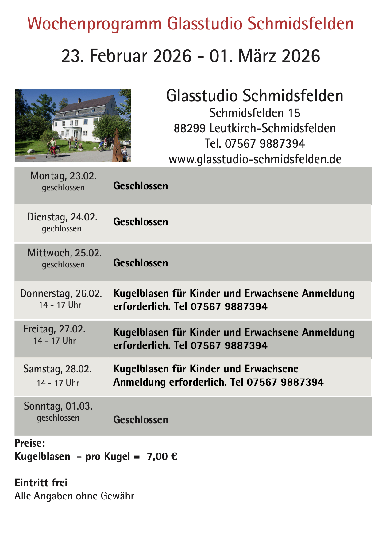 Wochenprogramm Schmidsfelden 23.02. - 01.03.2026