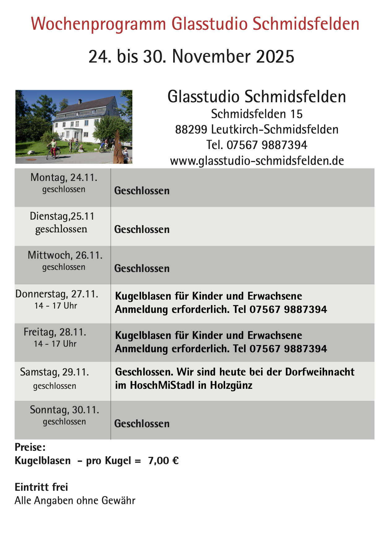 Wochenprogramm Schmidsfelden 24.11. - 30.11.2025