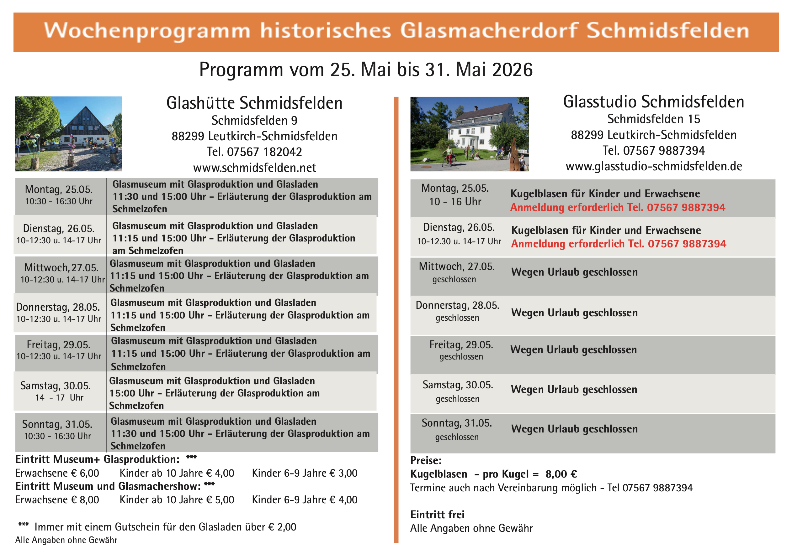 Wochenprogramm Schmidsfelden 25.05. - 31.05.2026